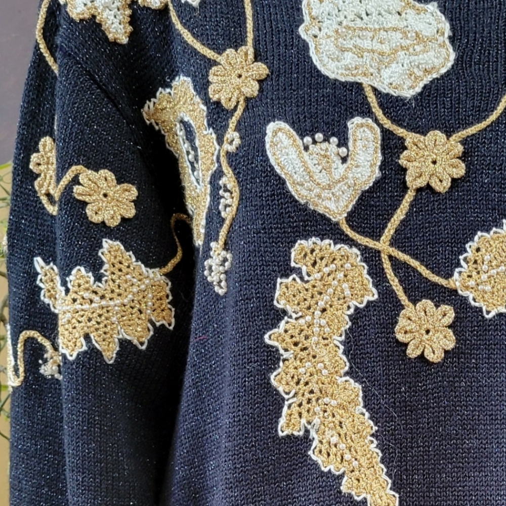 Vintage Beaded Sweater Black Shimmer  Gold Applique Pearl Beads Jocelyn Smith M - Picture 6 of 12